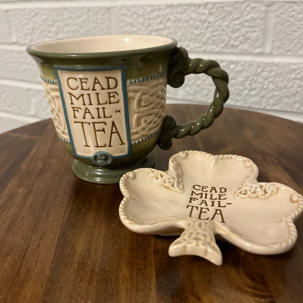 Grasslands Road Celtic Design Tea Cup With Spoon And Tea Bag Holder- Rare